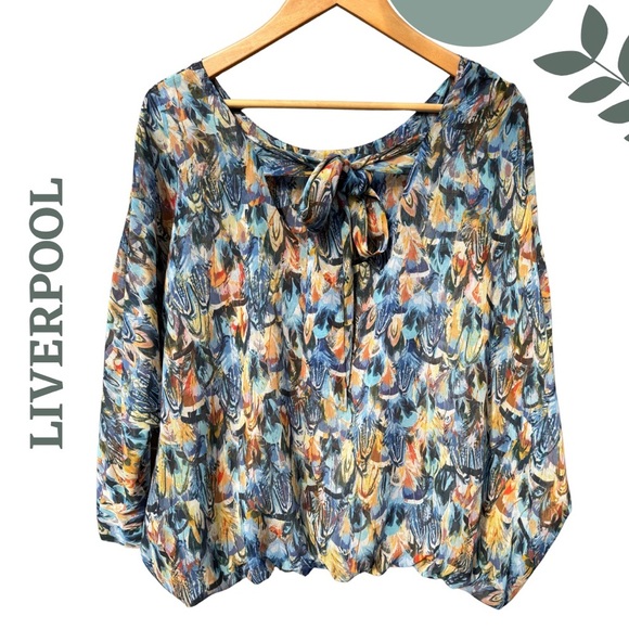 🛍️3/$40 Liverpool Los Angeles Long Sleeve Multi Feather Print Blouse Size XL - Picture 2 of 6